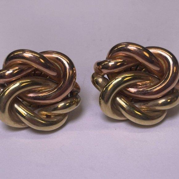 Tiffany & Co 18K Yellow Rose Gold Knot Stud Earrings Two-Tone Weave Twist (R805) - Picture 1 of 8